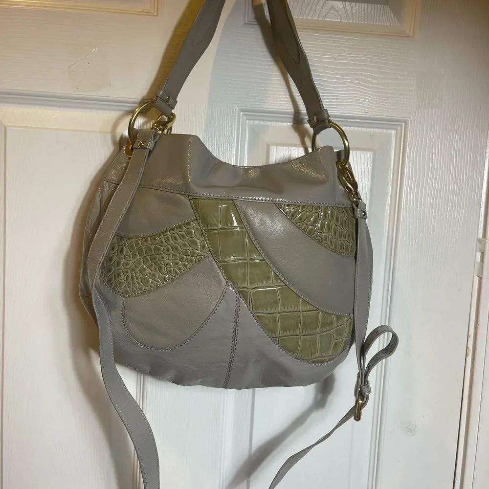 Cynthia Rowley Gray and Olive Patchwork Satchel/Shoulder Bag.Brass hardwares.